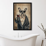 Bull Dog Holding The Cup Of Red Wine Framed Canvas Prints Wall Art, Bathroom Framed Art Decor