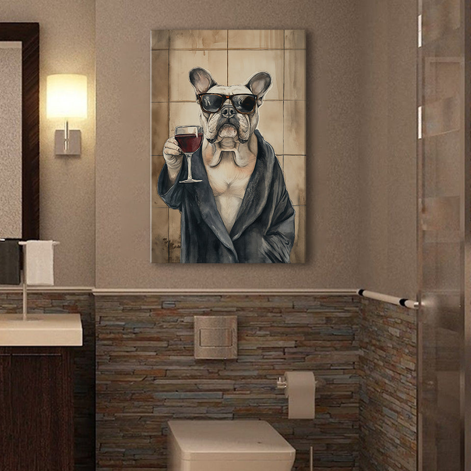 Bull Dog Holding The Cup Of Red Wine Canvas Prints Wall Art, Bathroom Art Decor,