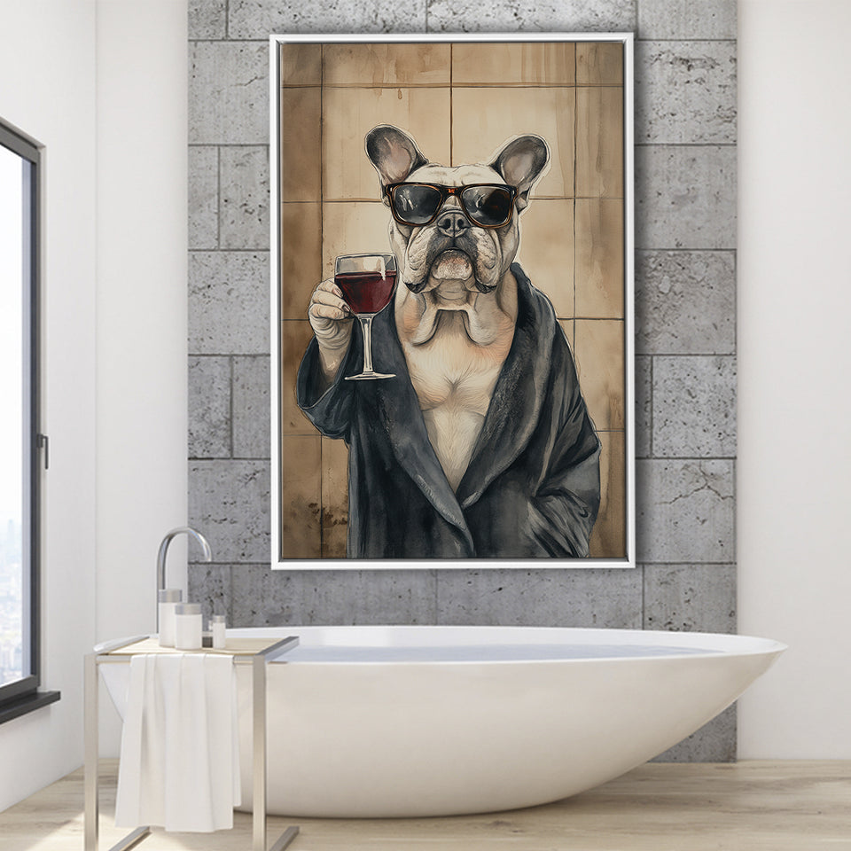 Bull Dog Holding The Cup Of Red Wine Framed Canvas Prints Wall Art, Bathroom Framed Art Decor