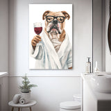 Bull Dog Holding The Cup Of Red Wine V1 Canvas Prints Wall Art, Bathroom Art Decor,
