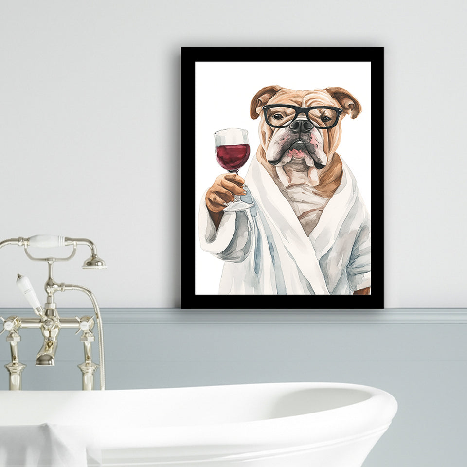 Bull Dog Holding The Cup Of Red Wine V1 Framed Art Print Wall Decor, Bathroom Framed Art Decor