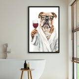 Bull Dog Holding The Cup Of Red Wine V1 Framed Canvas Prints Wall Art, Bathroom Framed Art Decor