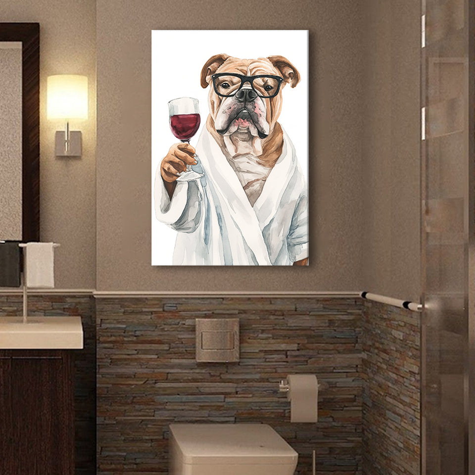 Bull Dog Holding The Cup Of Red Wine V1 Canvas Prints Wall Art, Bathroom Art Decor,
