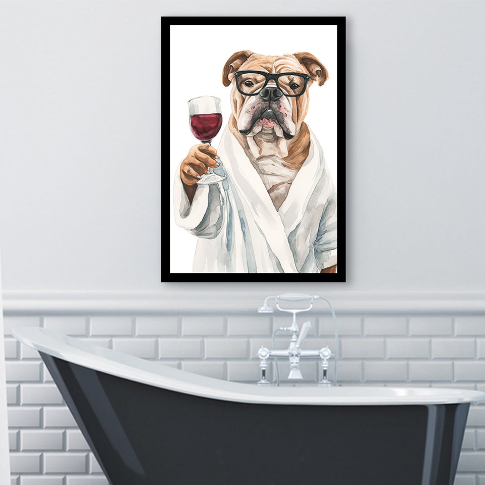 Bull Dog Holding The Cup Of Red Wine V1 Framed Art Print Wall Decor, Bathroom Framed Art Decor