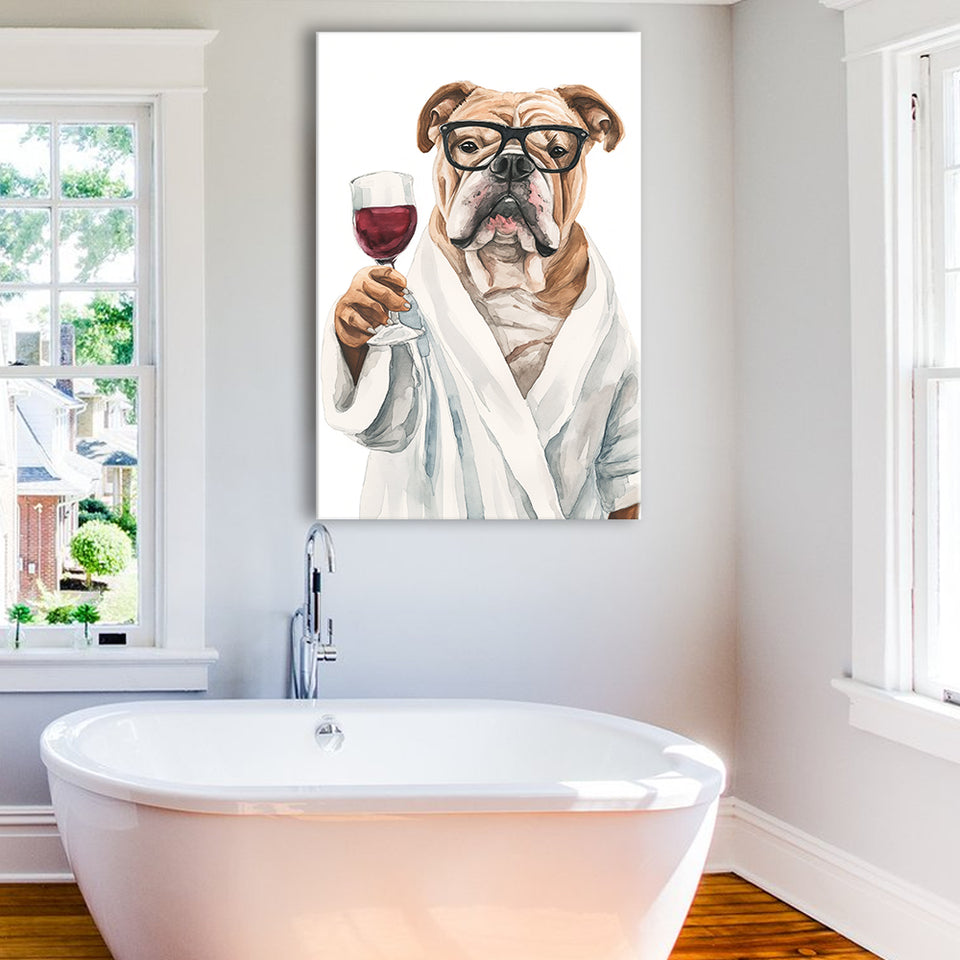 Bull Dog Holding The Cup Of Red Wine V1 Canvas Prints Wall Art, Bathroom Art Decor,