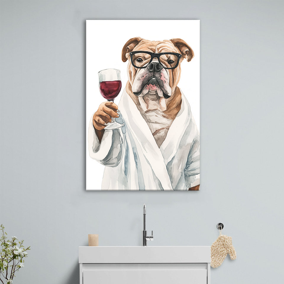 Bull Dog Holding The Cup Of Red Wine V1 Canvas Prints Wall Art, Bathroom Art Decor,