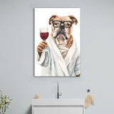 Bull Dog Holding The Cup Of Red Wine V1 Canvas Prints Wall Art, Bathroom Art Decor,