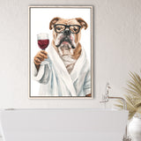 Bull Dog Holding The Cup Of Red Wine V1 Framed Canvas Prints Wall Art, Bathroom Framed Art Decor