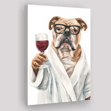 Bull Dog Holding The Cup Of Red Wine V1 Canvas Prints Wall Art, Bathroom Art Decor,