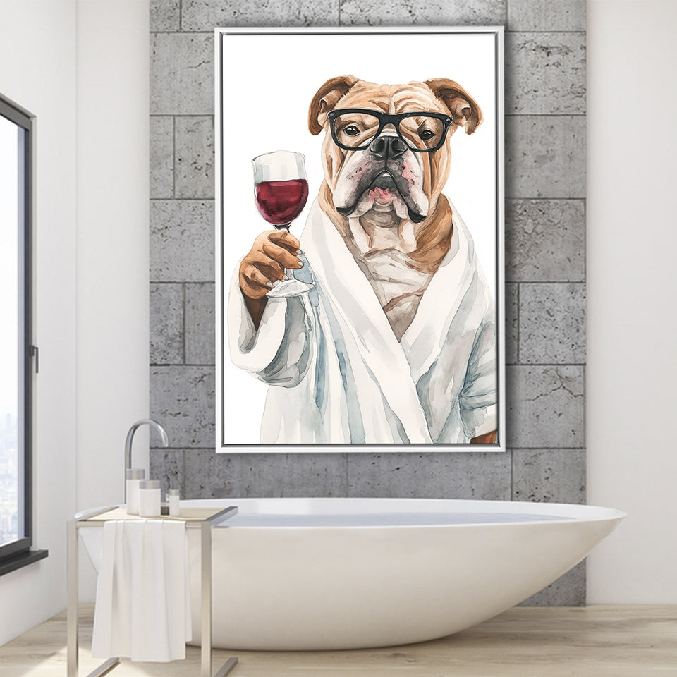 Bull Dog Holding The Cup Of Red Wine V1 Framed Canvas Prints Wall Art, Bathroom Framed Art Decor