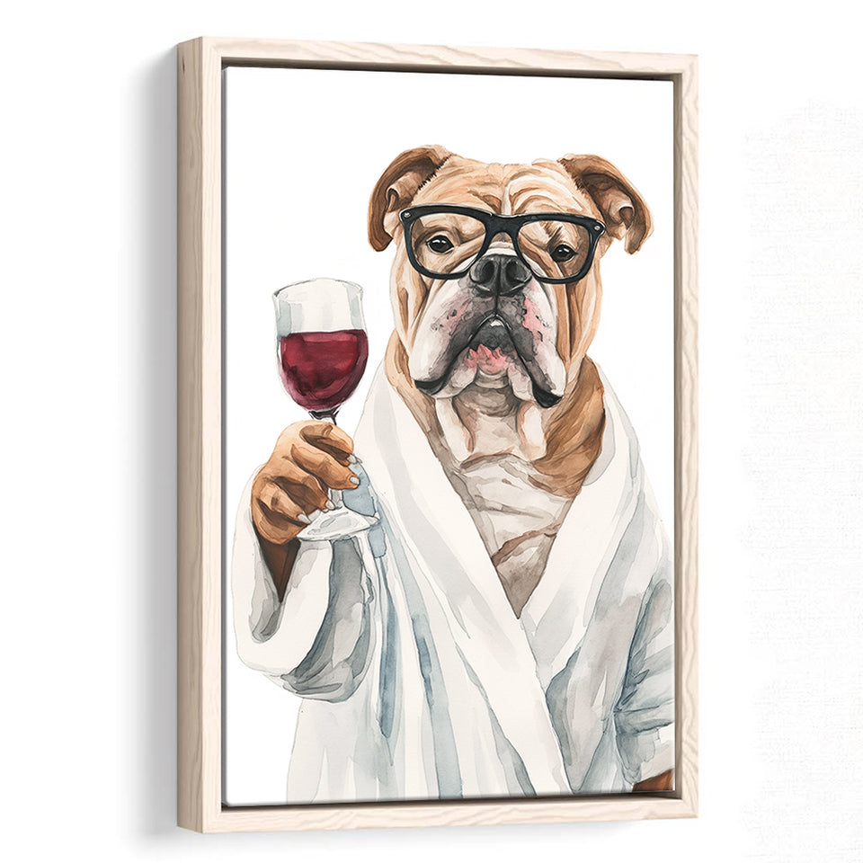 Bull Dog Holding The Cup Of Red Wine V1 Framed Canvas Prints Wall Art, Bathroom Framed Art Decor