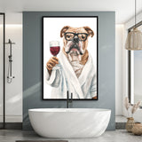 Bull Dog Holding The Cup Of Red Wine V1 Framed Canvas Prints Wall Art, Bathroom Framed Art Decor