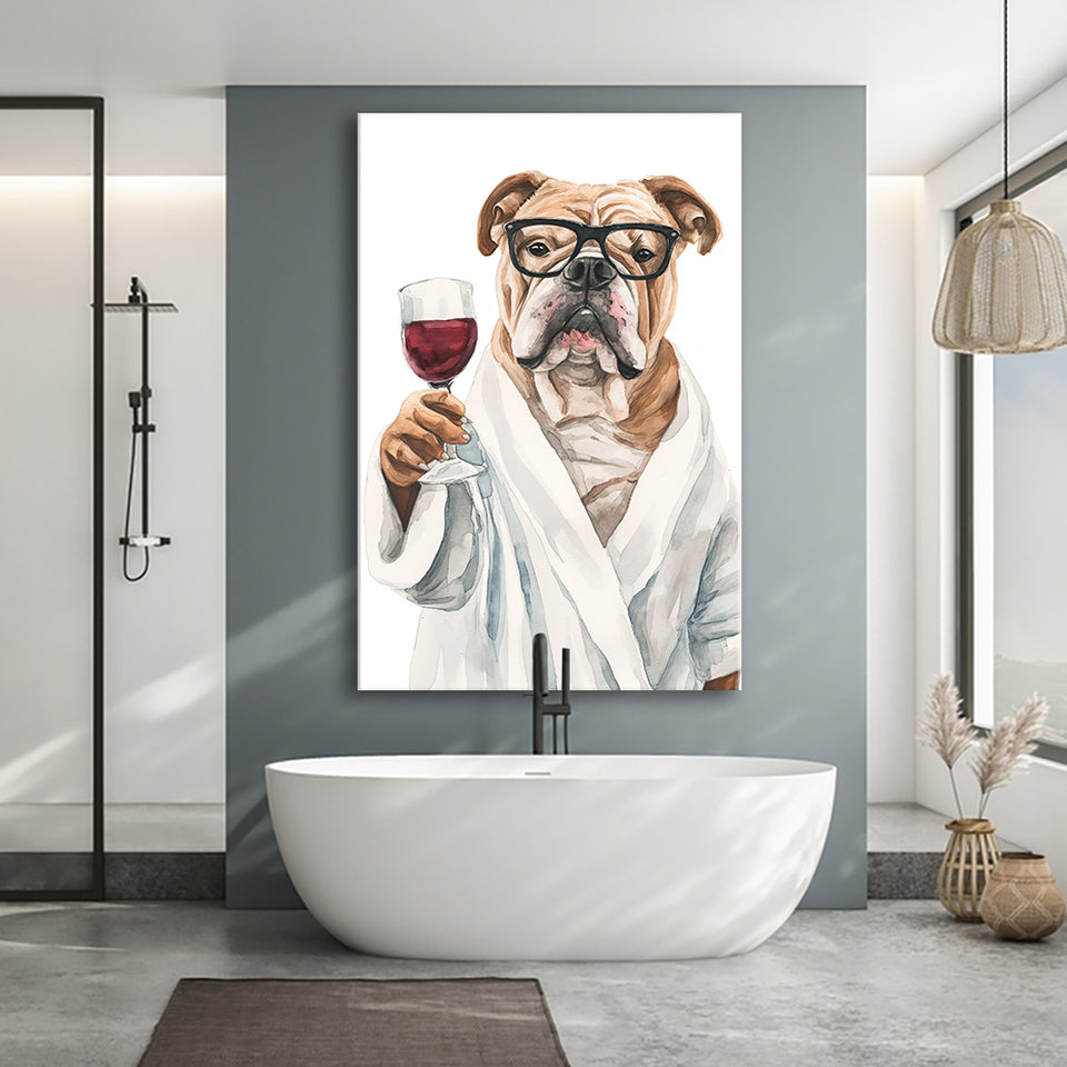 Bull Dog Holding The Cup Of Red Wine V1 Canvas Prints Wall Art, Bathroom Art Decor,
