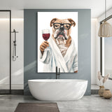 Bull Dog Holding The Cup Of Red Wine V1 Canvas Prints Wall Art, Bathroom Art Decor,