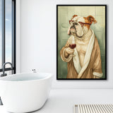 Bull Dog  Holding The Cup Of Red Wine In Bathroom Decor Framed Art Print Wall Decor, Bathroom Framed Art Decor