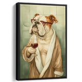 Bull Dog  Holding The Cup Of Red Wine In Bathroom Decor Framed Canvas Prints Wall Art, Bathroom Framed Art Decor