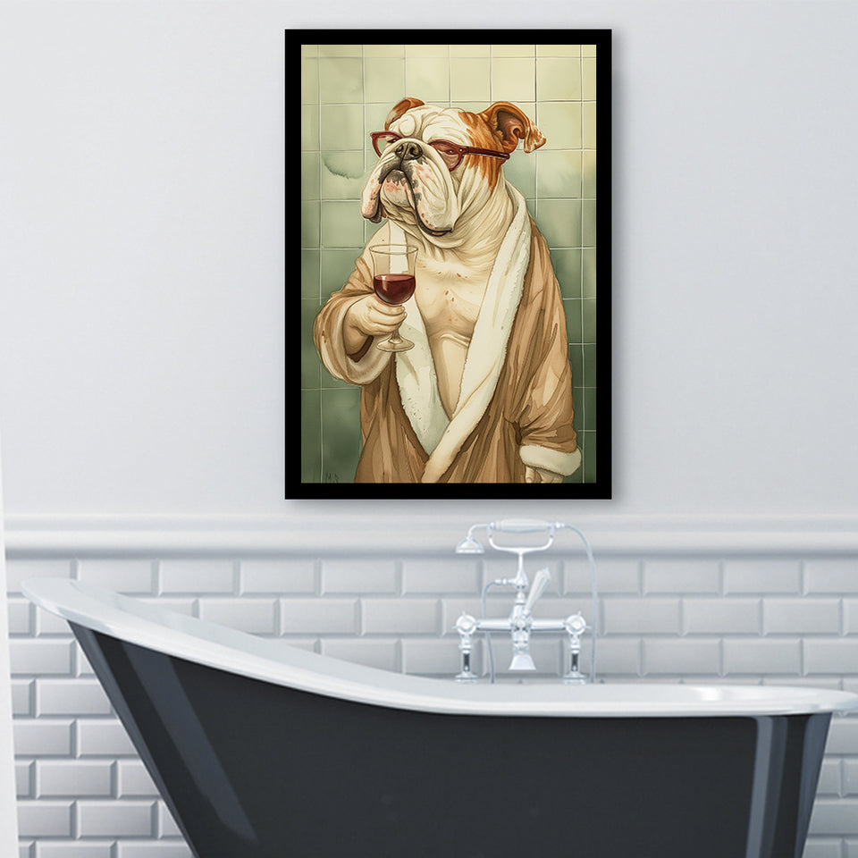 Bull Dog  Holding The Cup Of Red Wine In Bathroom Decor Framed Art Print Wall Decor, Bathroom Framed Art Decor