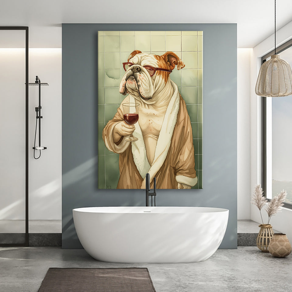 Bull Dog  Holding The Cup Of Red Wine In Bathroom Decor Canvas Prints Wall Art, Bathroom Art Decor,