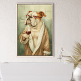 Bull Dog  Holding The Cup Of Red Wine In Bathroom Decor Framed Canvas Prints Wall Art, Bathroom Framed Art Decor
