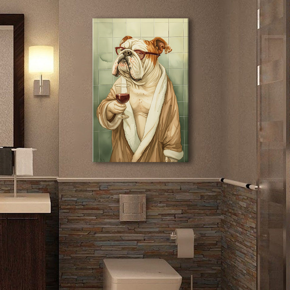Bull Dog  Holding The Cup Of Red Wine In Bathroom Decor Canvas Prints Wall Art, Bathroom Art Decor,