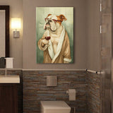 Bull Dog  Holding The Cup Of Red Wine In Bathroom Decor Canvas Prints Wall Art, Bathroom Art Decor,