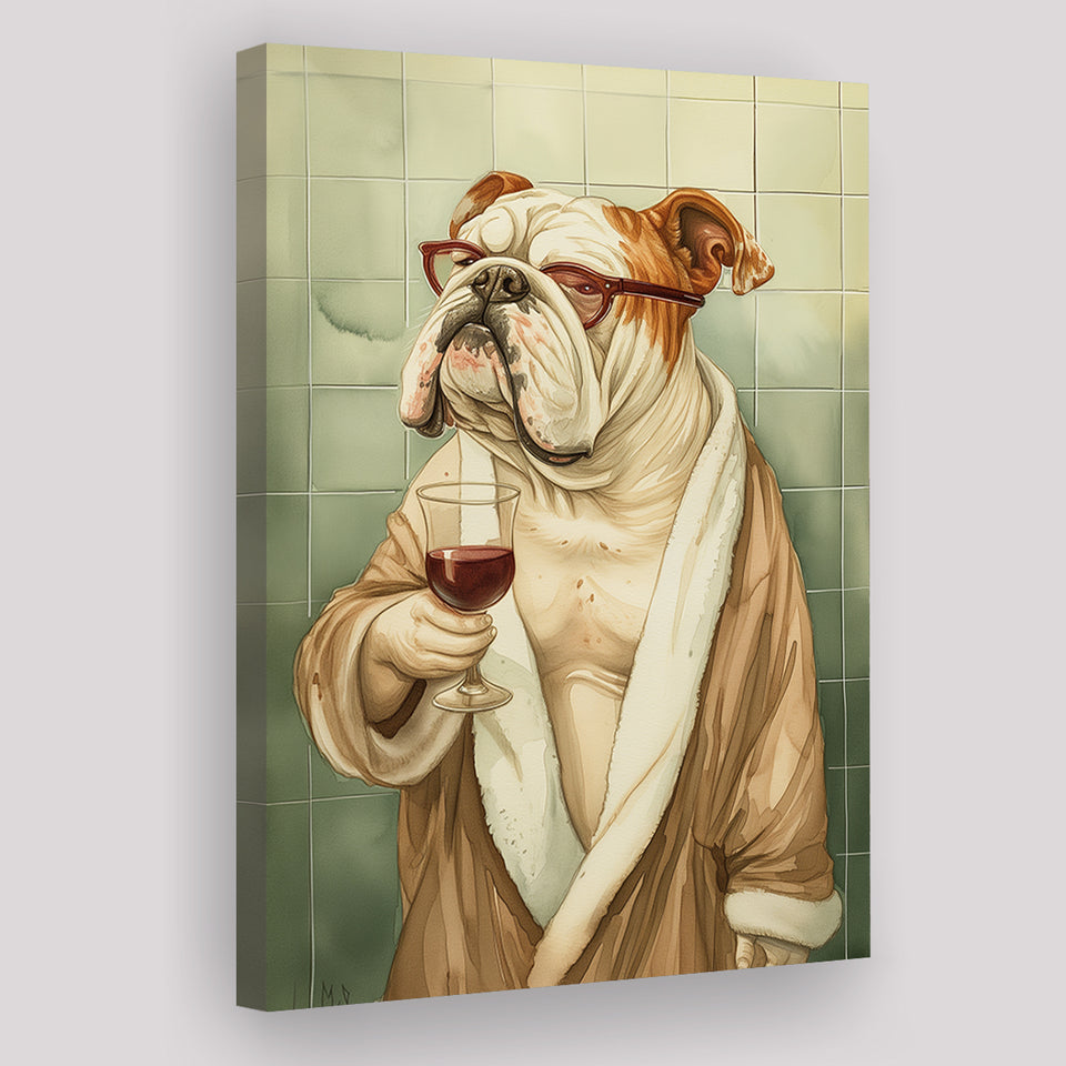 Bull Dog  Holding The Cup Of Red Wine In Bathroom Decor Canvas Prints Wall Art, Bathroom Art Decor,