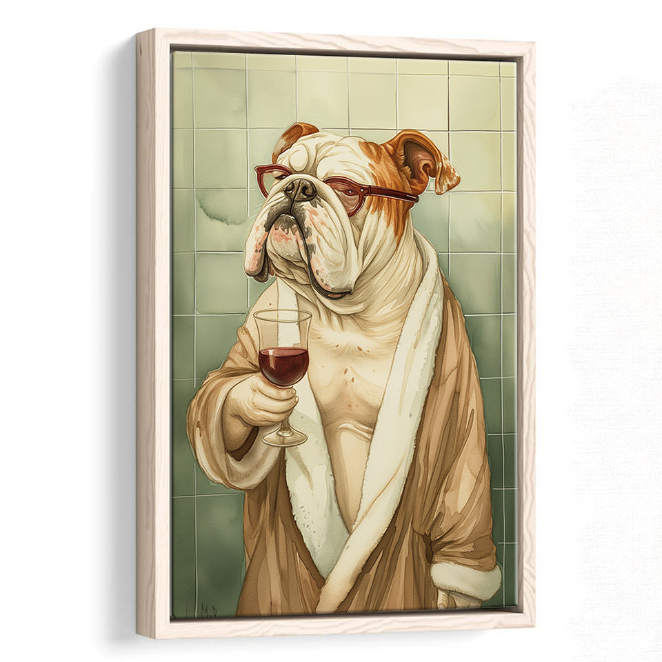 Bull Dog  Holding The Cup Of Red Wine In Bathroom Decor Framed Canvas Prints Wall Art, Bathroom Framed Art Decor