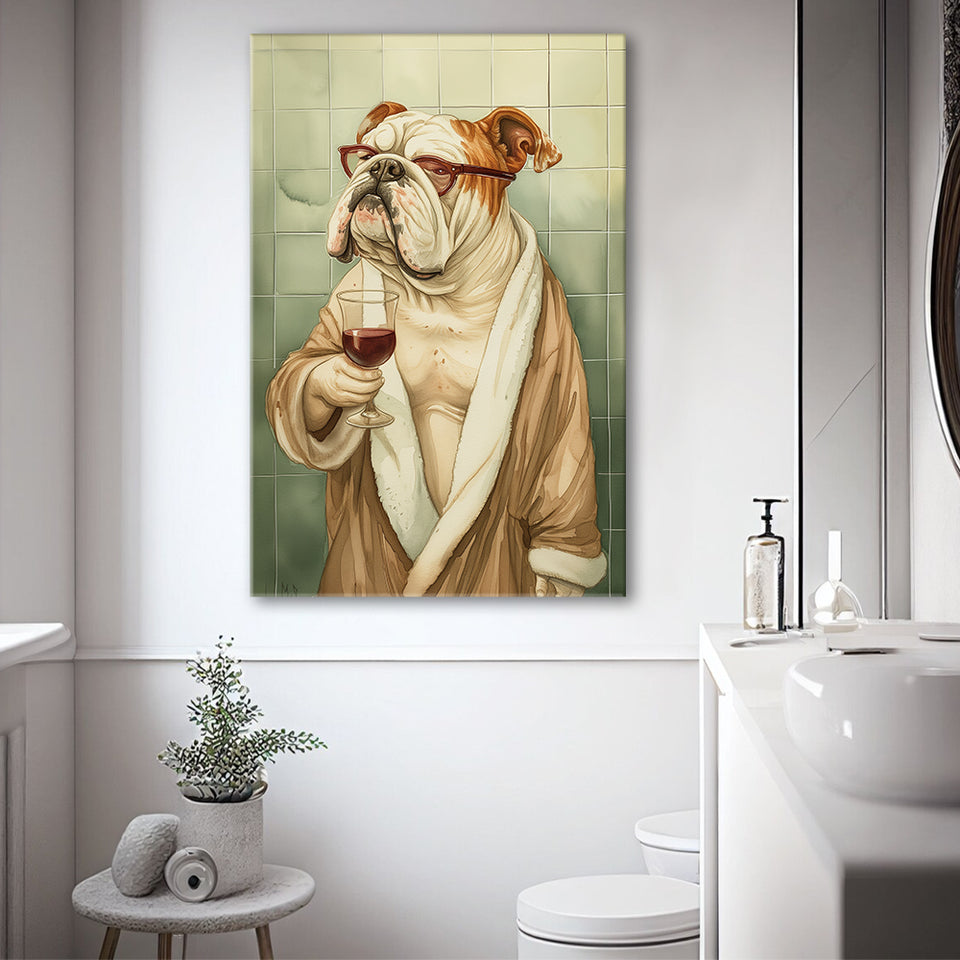Bull Dog  Holding The Cup Of Red Wine In Bathroom Decor Canvas Prints Wall Art, Bathroom Art Decor,