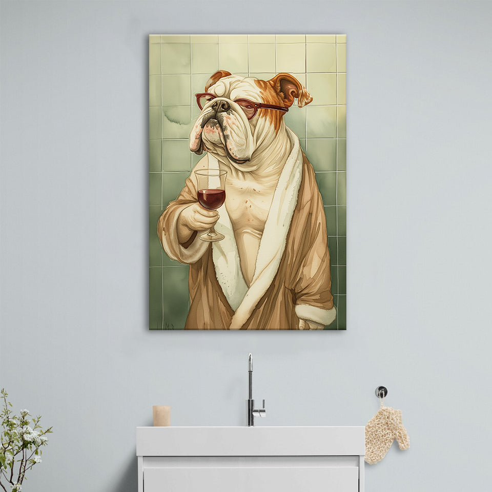 Bull Dog  Holding The Cup Of Red Wine In Bathroom Decor Canvas Prints Wall Art, Bathroom Art Decor,