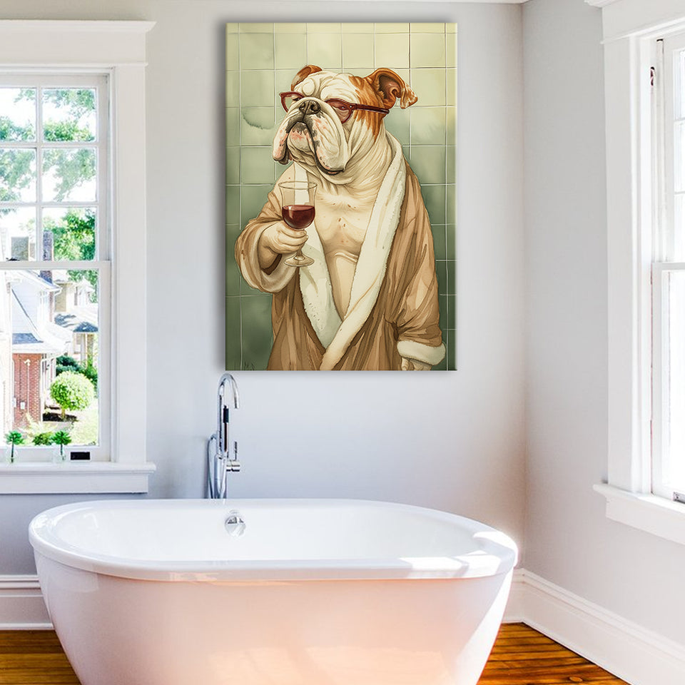 Bull Dog  Holding The Cup Of Red Wine In Bathroom Decor Canvas Prints Wall Art, Bathroom Art Decor,