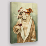Bull Dog  Holding The Cup Of Red Wine In Bathroom Decor Canvas Prints Wall Art, Bathroom Art Decor,