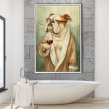 Bull Dog  Holding The Cup Of Red Wine In Bathroom Decor Framed Canvas Prints Wall Art, Bathroom Framed Art Decor