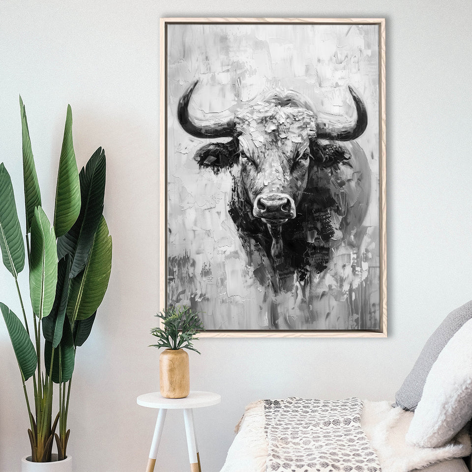 Bull Portrait Black And White V1, Framed Canvas Painting, Framed Canvas Prints Wall Art Decor