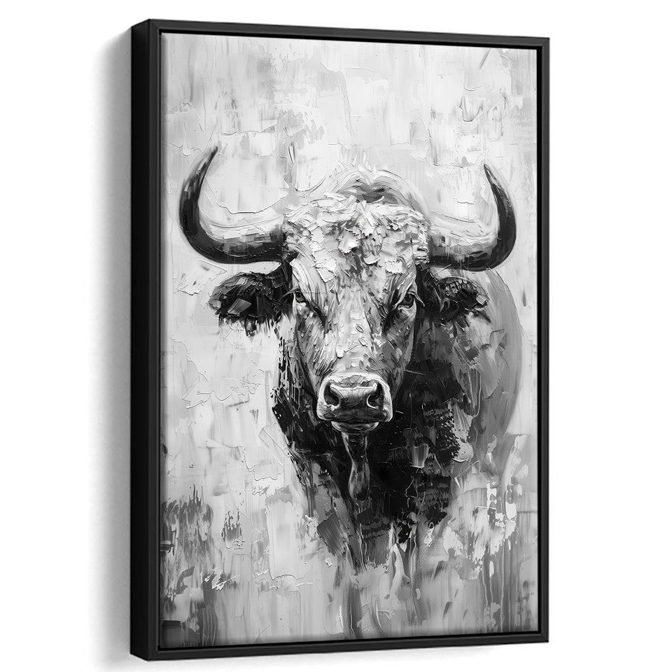 Bull Portrait Black And White V1, Framed Canvas Painting, Framed Canvas Prints Wall Art Decor