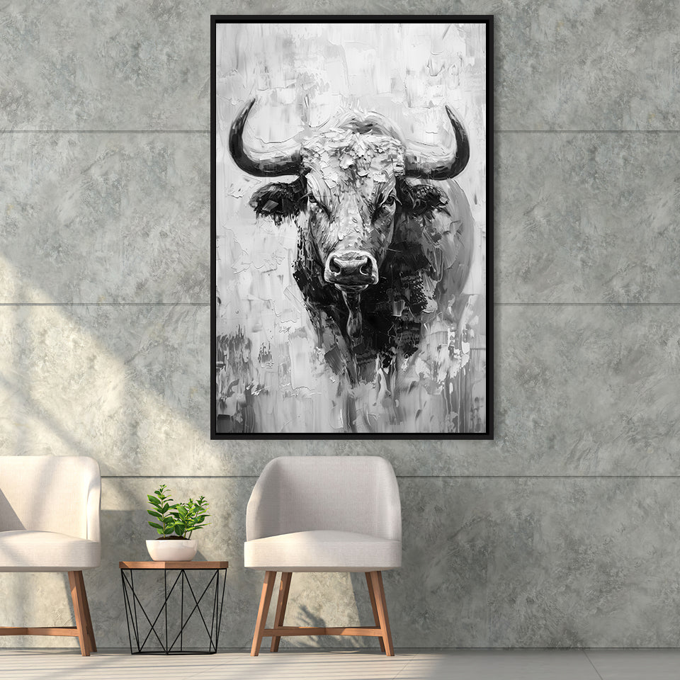 Bull Portrait Black And White V1, Framed Canvas Painting, Framed Canvas Prints Wall Art Decor