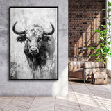 Bull Portrait Black And White V1, Framed Canvas Painting, Framed Canvas Prints Wall Art Decor