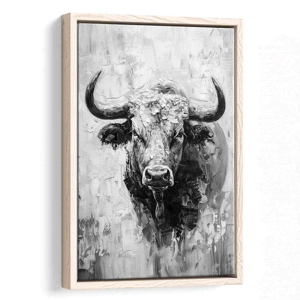 Bull Portrait Black And White V1, Framed Canvas Painting, Framed Canvas Prints Wall Art Decor