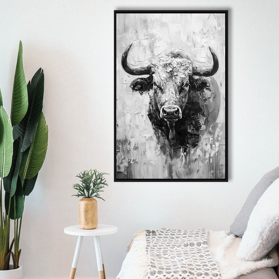 Bull Portrait Black And White V1, Framed Canvas Painting, Framed Canvas Prints Wall Art Decor