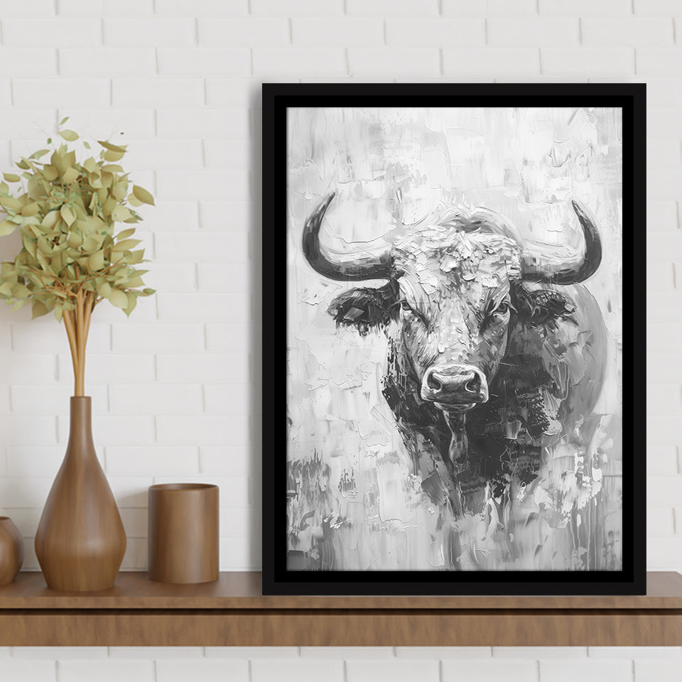 Bull Portrait Black And White V1, Framed Canvas Painting, Framed Canvas Prints Wall Art Decor
