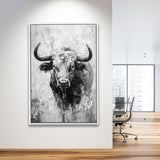 Bull Portrait Black And White V1, Framed Canvas Painting, Framed Canvas Prints Wall Art Decor