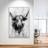 Bull Portrait Black And White V2, Framed Canvas Painting, Framed Canvas Prints Wall Art Decor