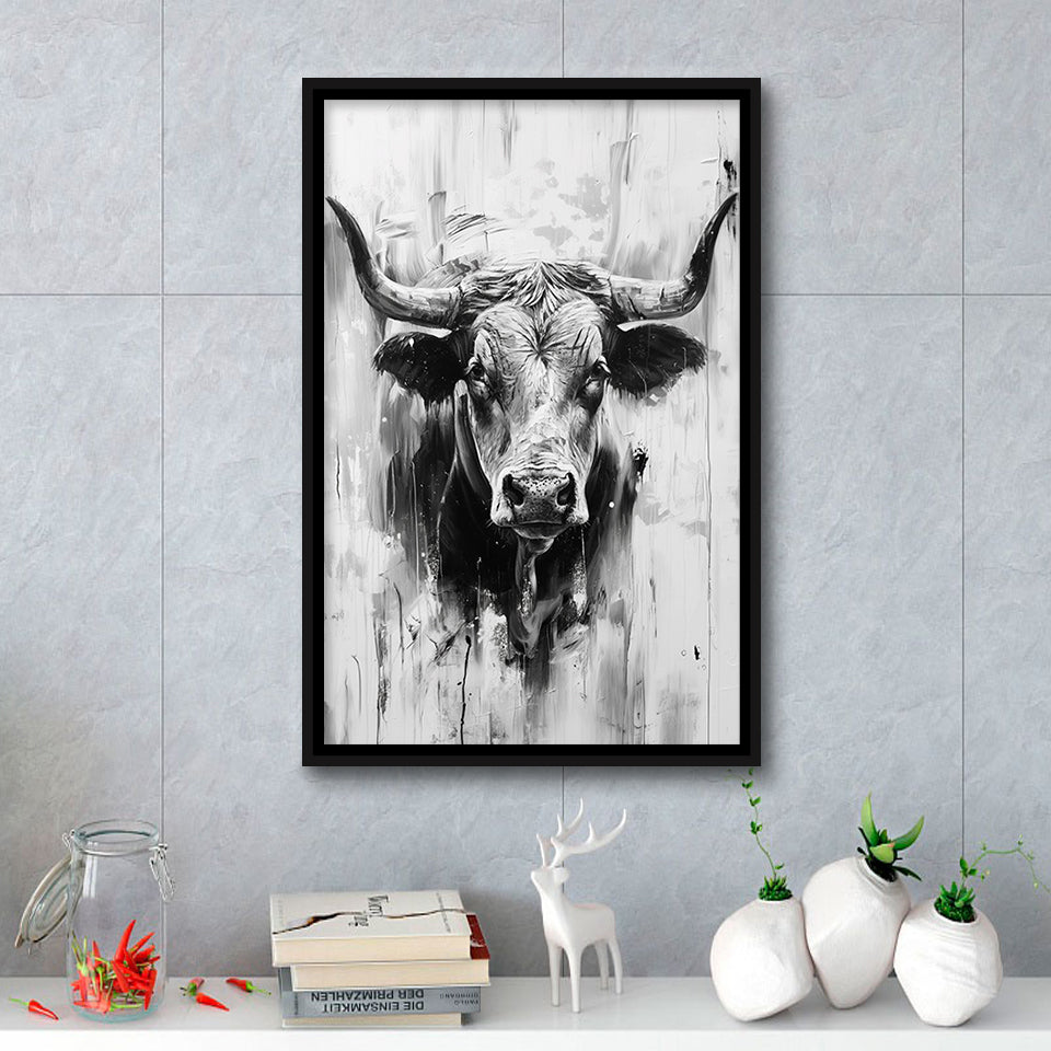 Bull Portrait Black And White V2, Framed Canvas Painting, Framed Canvas Prints Wall Art Decor