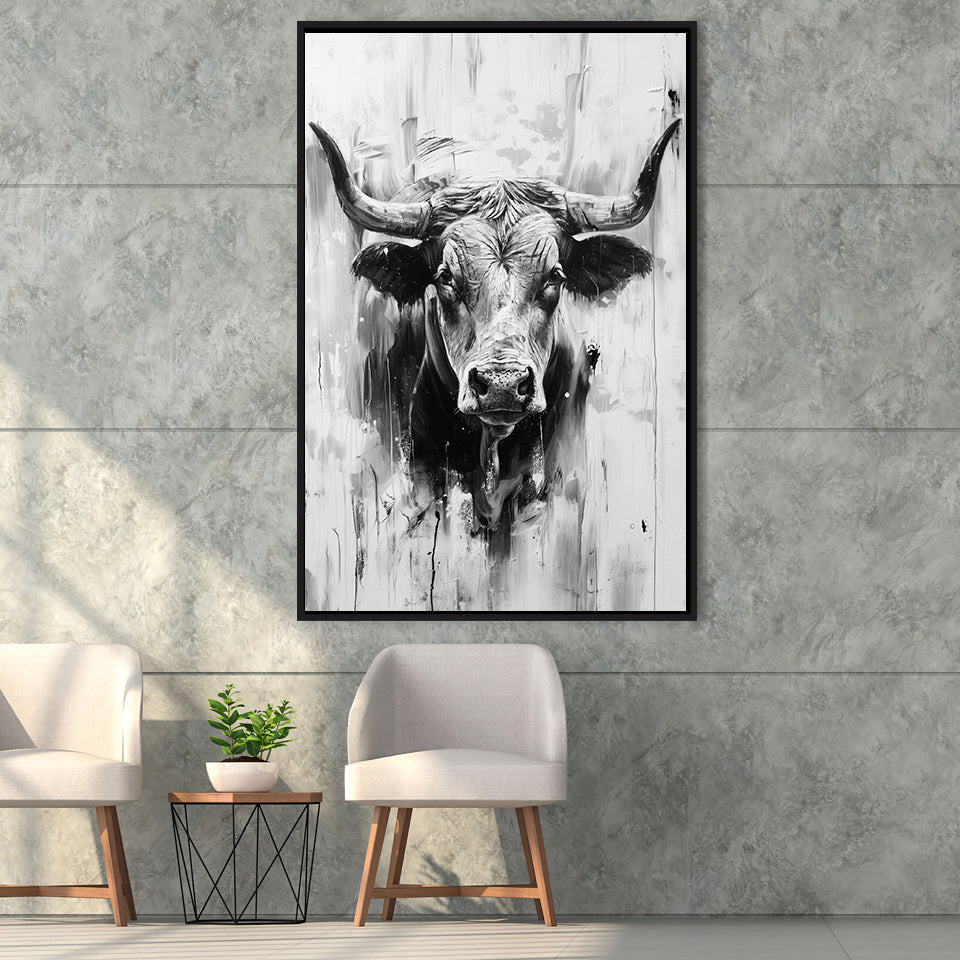 Bull Portrait Black And White V2, Framed Canvas Painting, Framed Canvas Prints Wall Art Decor