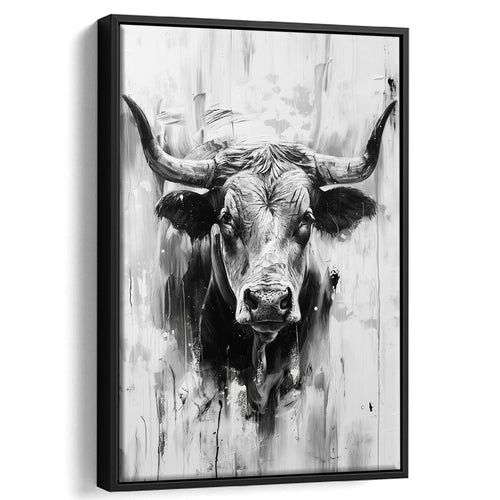 Bull Portrait Black And White V2, Framed Canvas Painting, Framed Canvas Prints Wall Art Decor