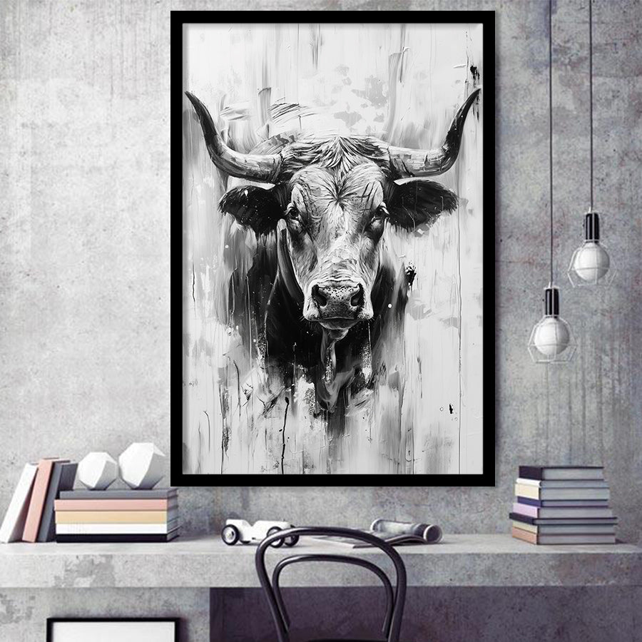 Bull Portrait Black And White V2, Framed Art Print Wall Decor, Framed Picture