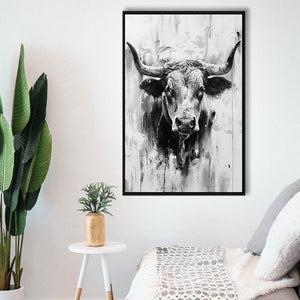 Bull Portrait Black And White V2, Framed Canvas Painting, Framed Canvas Prints Wall Art Decor