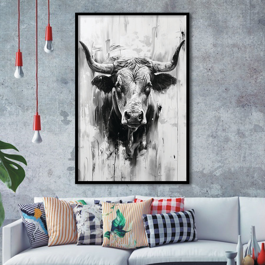 Bull Portrait Black And White V2, Framed Art Print Wall Decor, Framed Picture