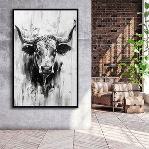 Bull Portrait Black And White V2, Framed Canvas Painting, Framed Canvas Prints Wall Art Decor