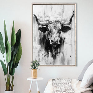 Bull Portrait Black And White V2, Framed Canvas Painting, Framed Canvas Prints Wall Art Decor