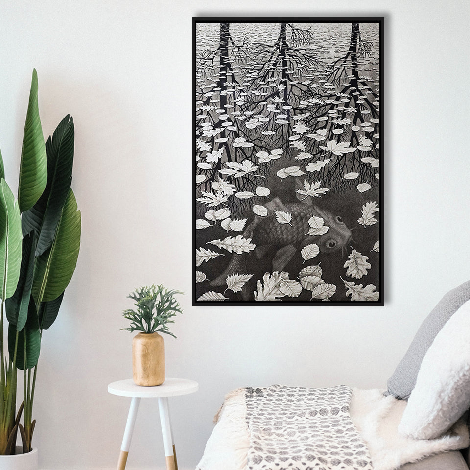 By Maurits Cornelis Escher Wall Art, M.C. Escher  Three Worlds 1955,Framed Canvas Prints Wall Art Decor, Floating Frame